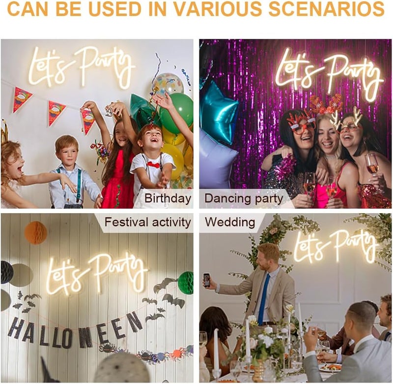 divatla Let's Party Neon Sign for Decor, Large 23"X10" Light Up LED Signs for Birthday, Prom, Wedding, Celebrations, Warm White - Image 3